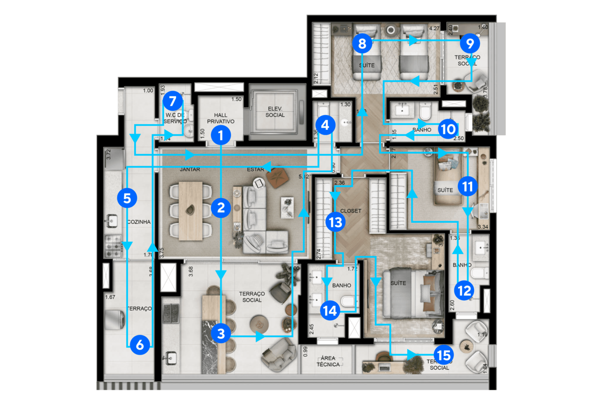 Planta do apartamento com roteiro